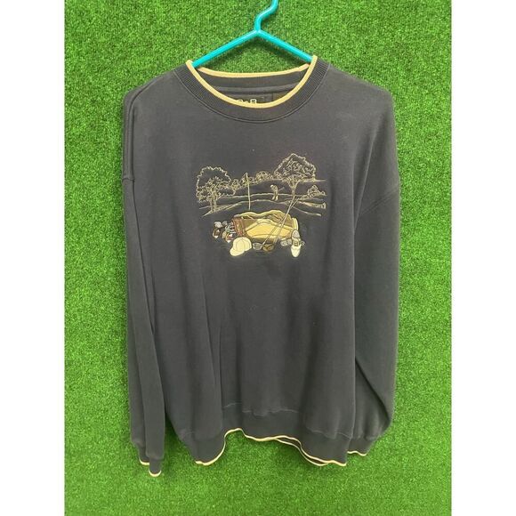 Men's Golf Themed Y2K Blue  & Gold Sweater Size Large UNISEX - Picture 1 of 5